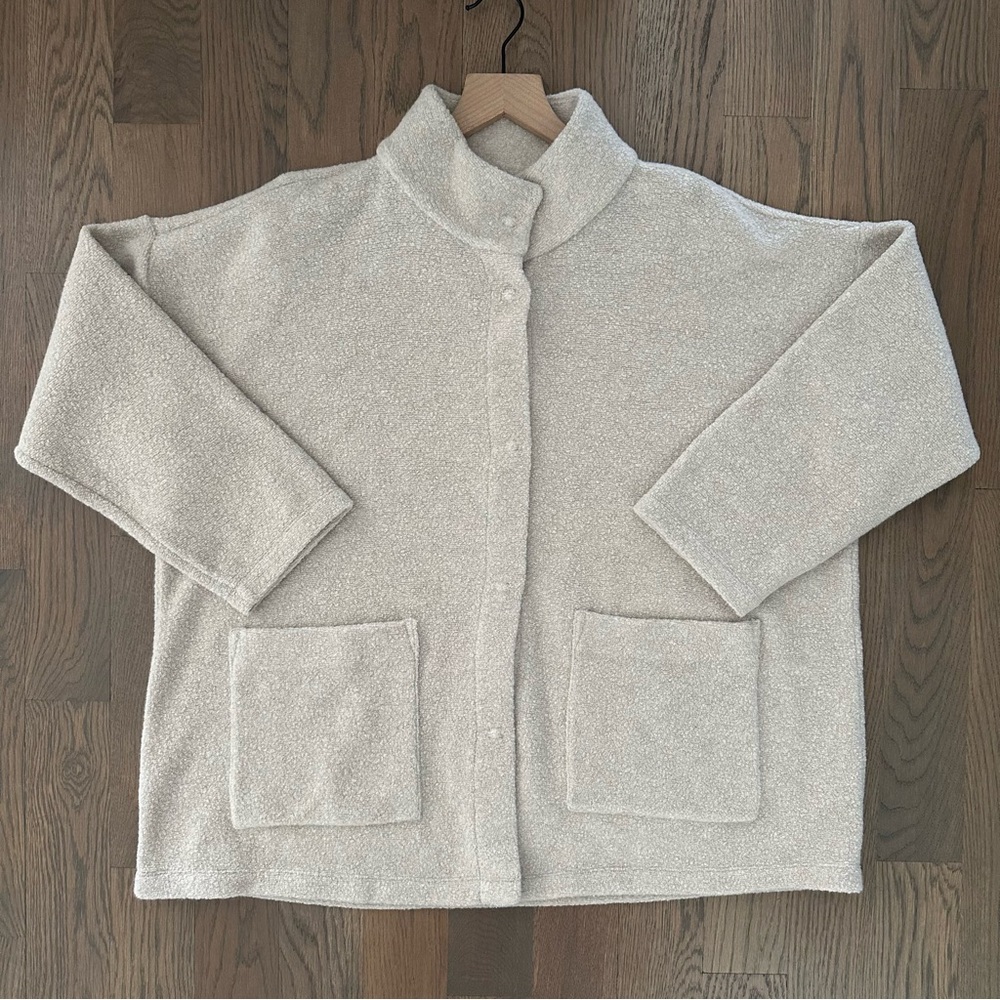 Eileen Fisher Boucle Wool Knit High Collar Jacket in Oatmeal Heather Size Large